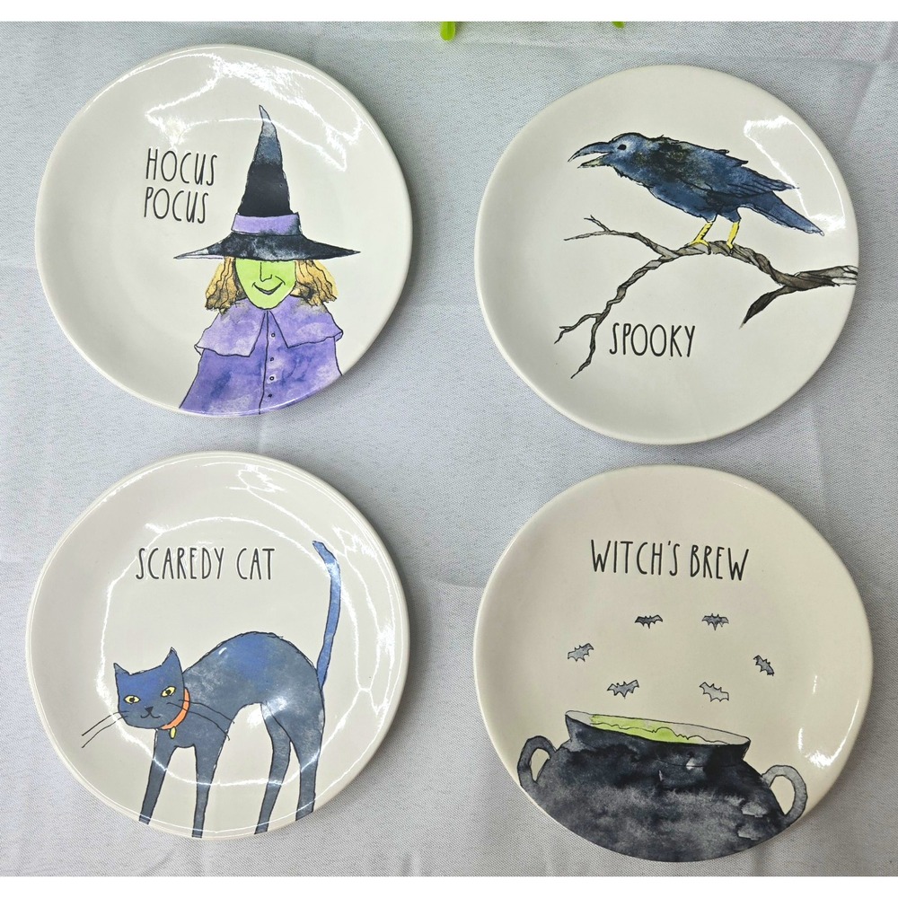NEW Rae Dunn Halloween 6" Appetizer Plates Set of 4 Ceramic Witch Cat Crow